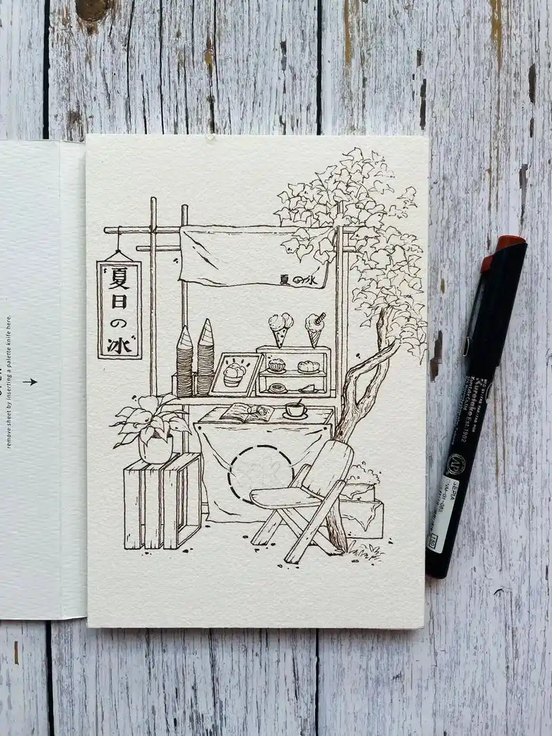 每日一画原创钢笔淡彩线稿