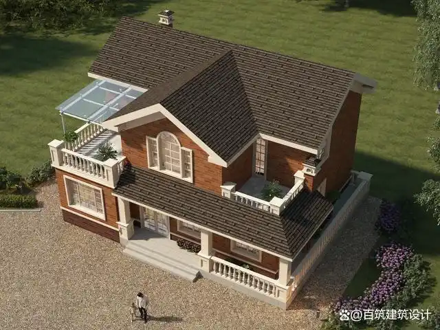 氛围感,这套住宅就是如此,红砖搭配白柱与栏杆,坡屋顶造型也十分复古