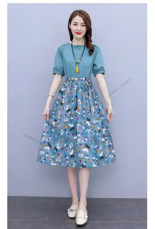 素素棉麻女装夏季棉麻连衣裙女夏装新款妈妈气质亚麻裙子女士时尚拼接