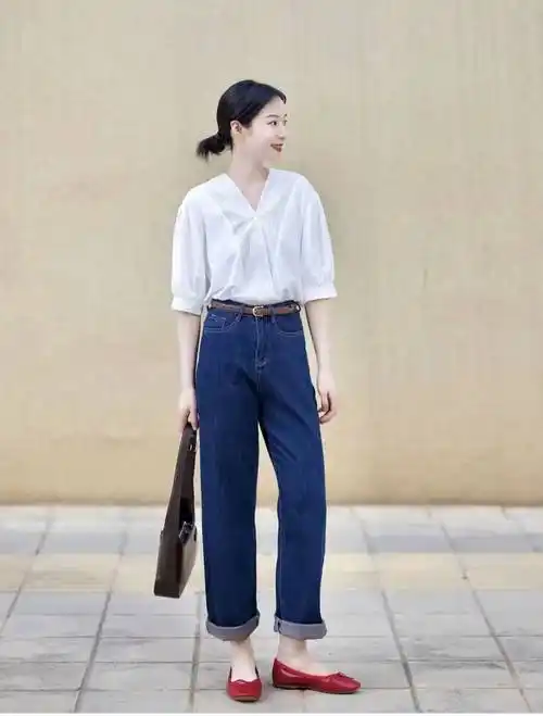 短袖衬衫搭配什么裤子好看_look_白色_牛仔裤