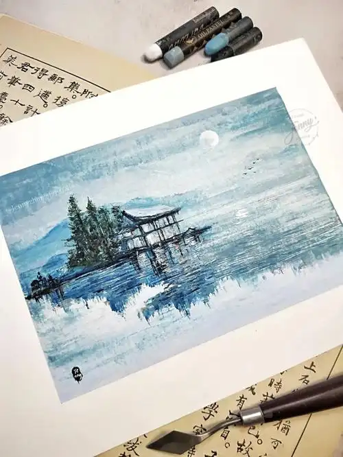 这不是水彩是油画棒平湖秋月