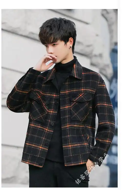 南缎羊毛大衣男短款双面呢翻领夹克韩版修身青少年呢子格纹外套潮男装