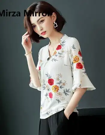 mirza mirror雪纺衫女喇叭袖宽松短袖上衣2018新款夏装洋气花衫时尚大