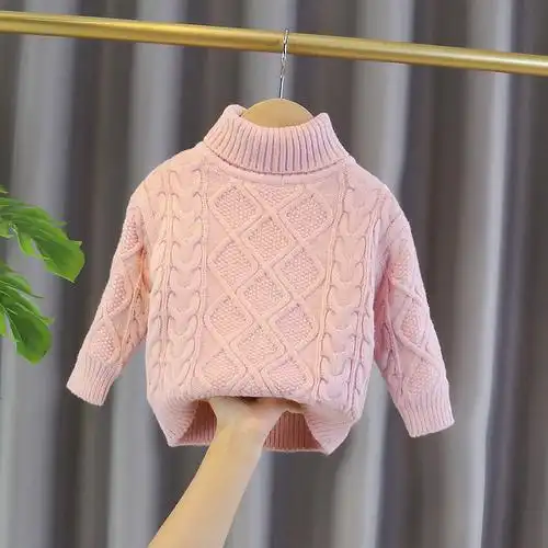 2021新款儿童高领加绒加厚麻花毛衣女宝宝秋冬纯色女童套头针织衫
