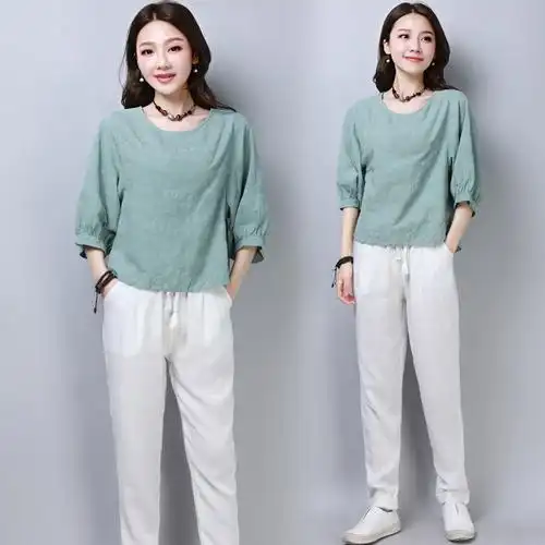 夏款套装女时尚两件套女士新品韩版休闲女士小清新棉麻套装亚麻潮