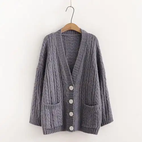 麻花毛衣女2021秋季新款v领双口袋长袖针织开衫宽松甜美毛线外套