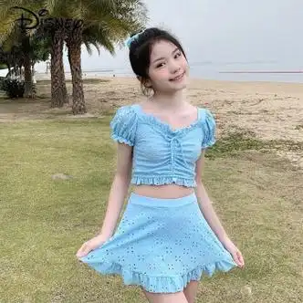 迪士尼套装泳衣儿童女孩发育期中大童游泳衣女中大童泳衣带胸垫防走光