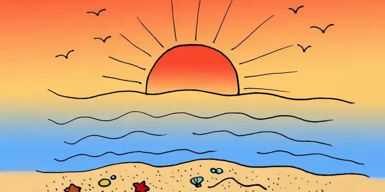 儿童卡通简笔画 壮观的海上日出卡通画,简单几笔就能画出来