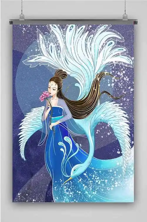 敦煌手绘蓝色复古纹理飞天美女凤凰-众图网