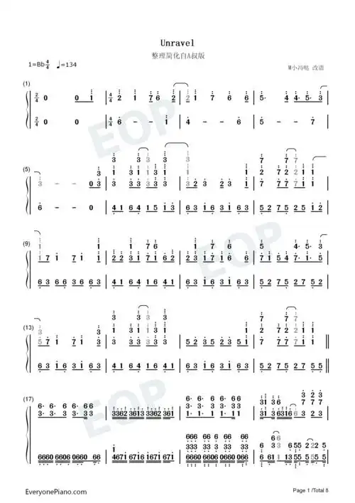 unravel-简化自a叔版-钢琴谱文件(五线谱,双手简谱,数字谱,midi,pdf)