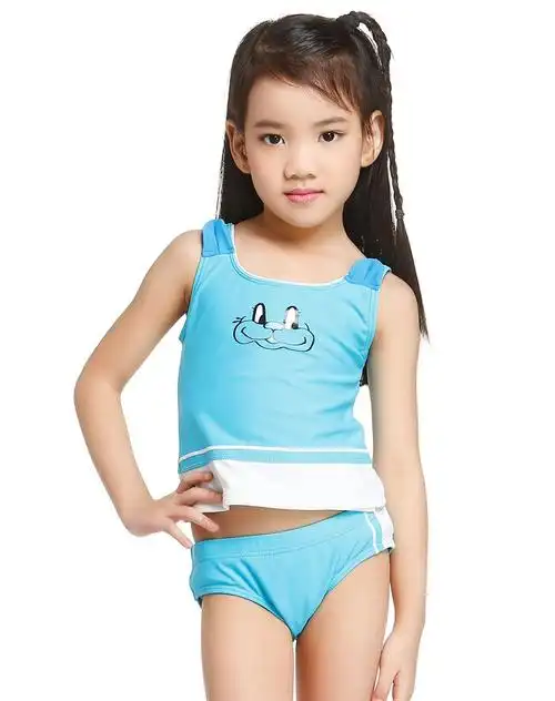 小兔印花 女童款蓝色泳衣 分体式