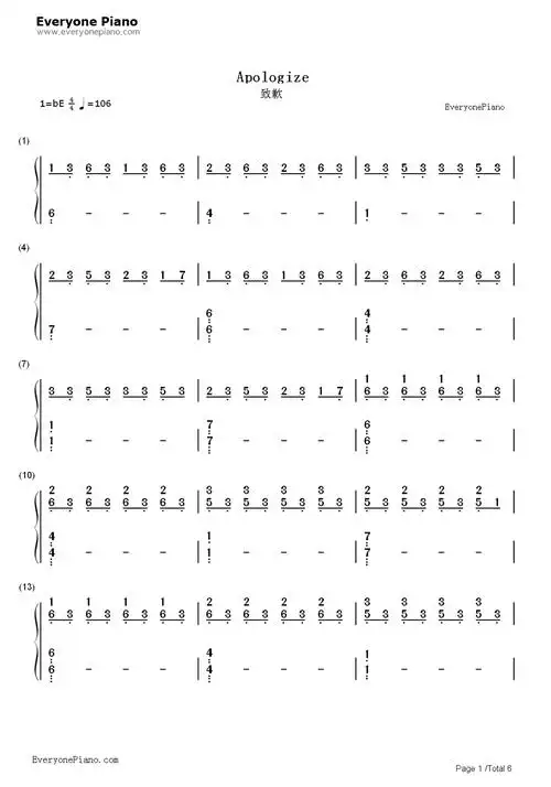谁有apologize 简谱 跪求 么么哒
