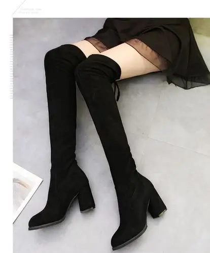 过膝靴女2021秋冬新款加绒瘦瘦靴长靴高跟百搭小个子长筒靴女 黑色 单