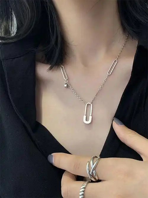 s925纯银回形针项链小众设计感别针锁骨链女轻奢简约气质饰品