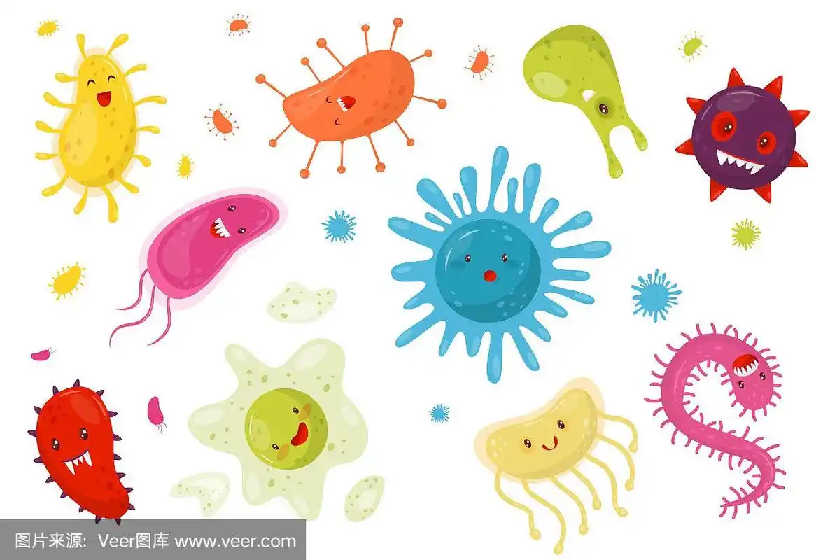 彩色的人性化细菌卡通人物矢量插图在白色的背景