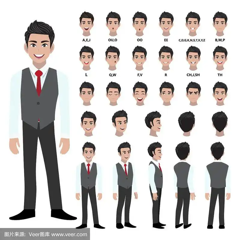 卡通人物与商人在智能衬衫和马甲动画.正面,侧面,背面,3-4视图字符.身