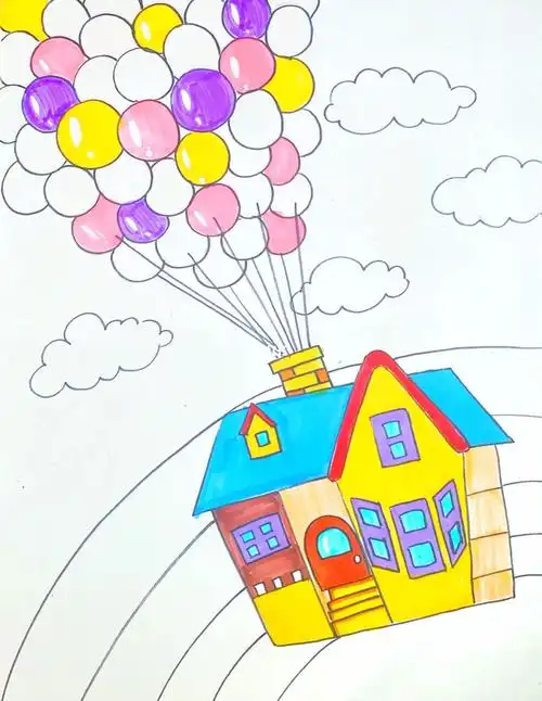 马克笔  #卡通画  #儿童画  #飞屋环游记  #房子儿童画  #气球儿突