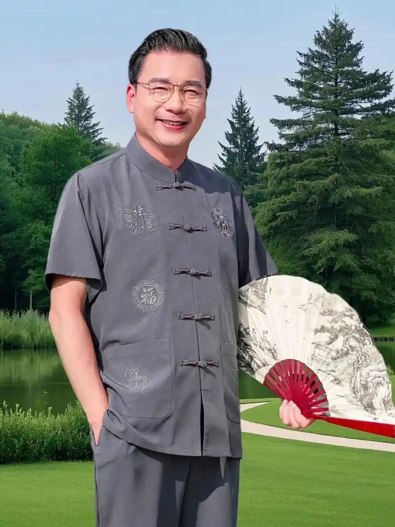 唐装男中老年人新中式国风短袖,2025新款,夏季爷爷冰丝短袖