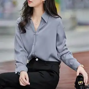 v领长袖衬衫女秋装2021年新款女士衬衣秋季白色上衣雪纺衫图片