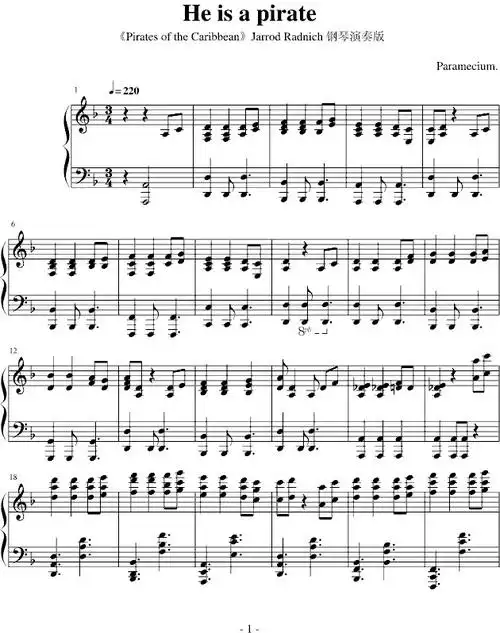 加勒比海盗主题曲heisapirate钢琴谱