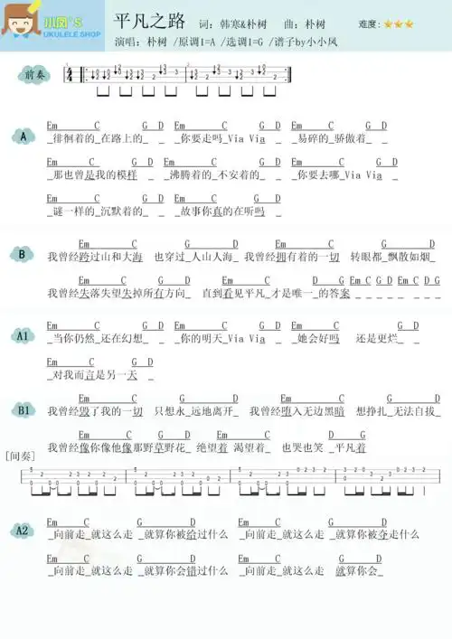 朴树《平凡之路》尤克里里谱