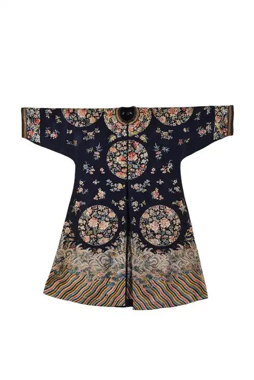 8527 清咸丰 蓝色纳纱八团花卉纹吉服褂