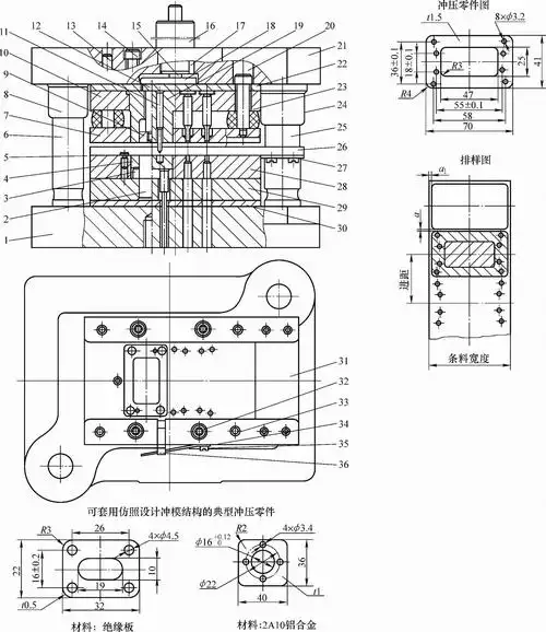图2-3 对角导柱模架弹压卸料连续复合冲裁模