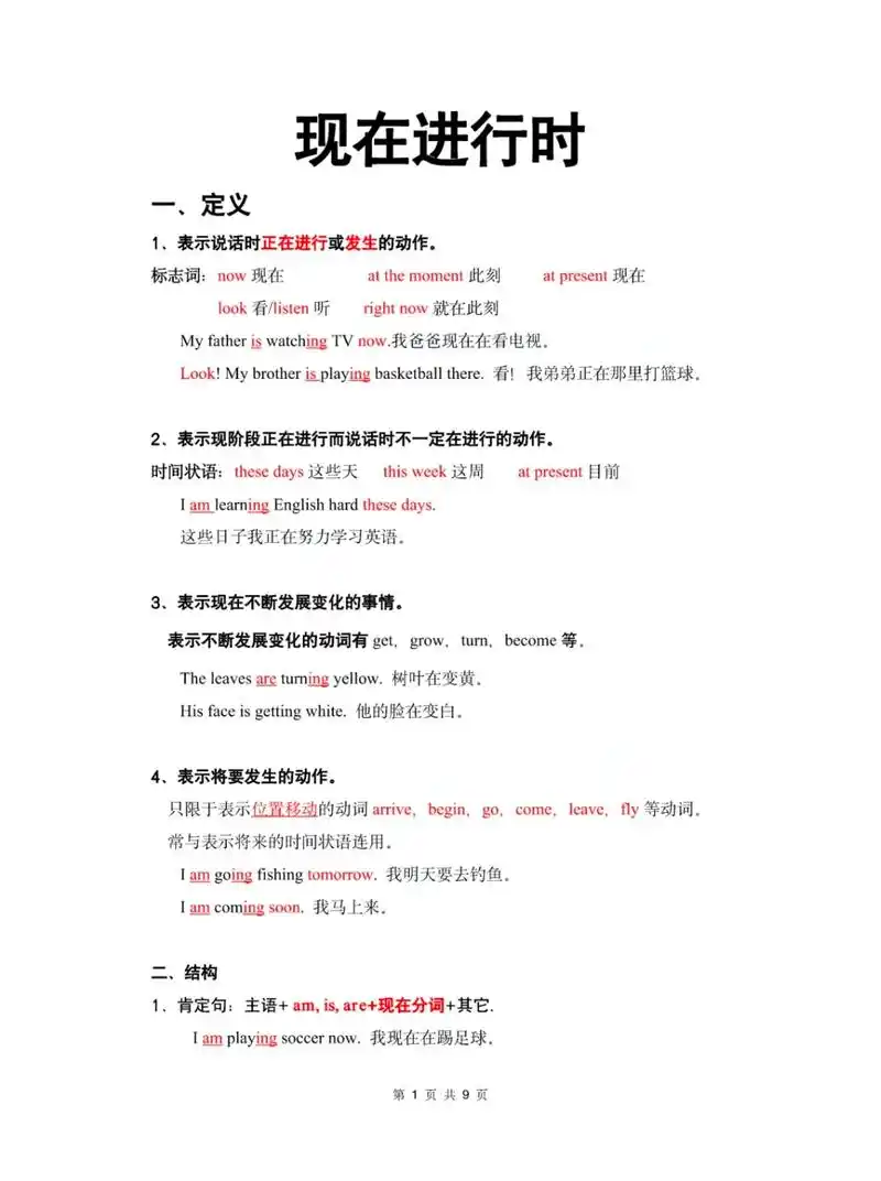 中考必考语法复习现在进行时知识讲解和默写