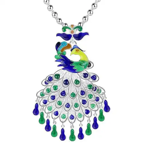 s990纯银彩色孔雀吊坠景泰蓝足银项链长款毛衣项坠