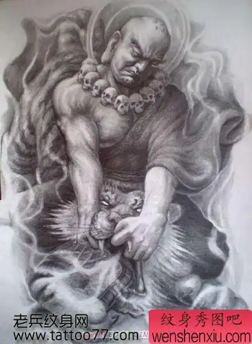 霸气经典的伏虎罗汉纹身手稿