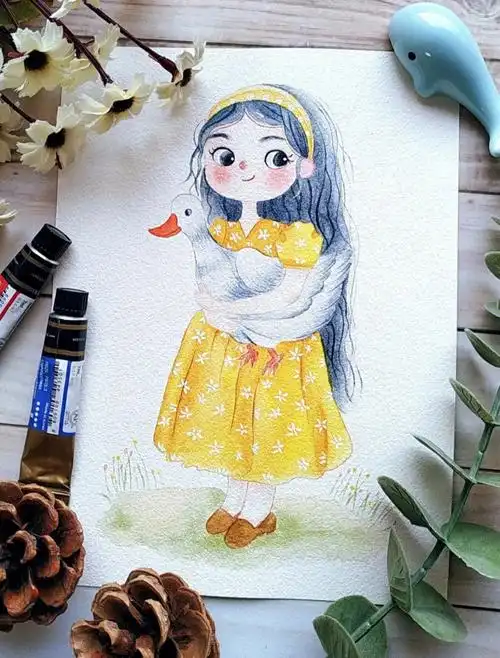 水彩插画谭松韵抱大鹅