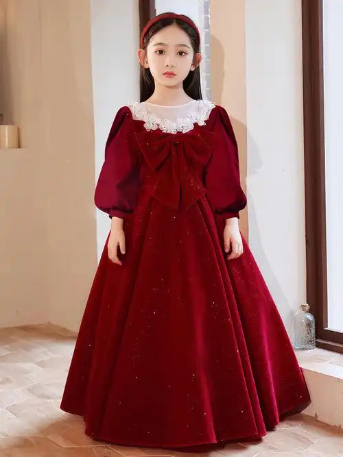 女童礼服红色花童公主裙洋气小女孩儿童主持人钢琴演出服秋冬季