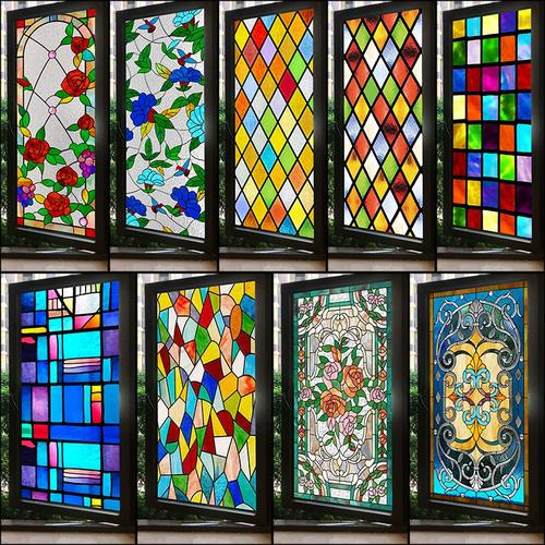 自粘窗花纸复古美式彩色玻璃贴纸浴室贴膜窗户贴纸透光不透明欧式