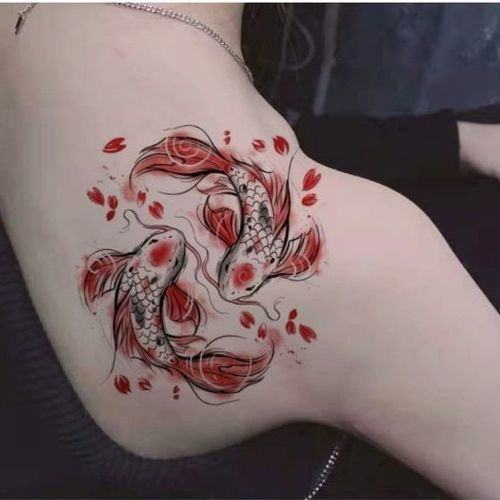 新款国风大图锦鲤花臂纹身贴防水女持久仿真性感锁骨后背贴纸社会