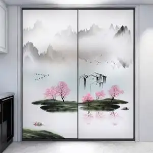 玻璃贴纸中式山水画卫生间防窥防走光客厅卧室玻璃门装饰静电贴膜
