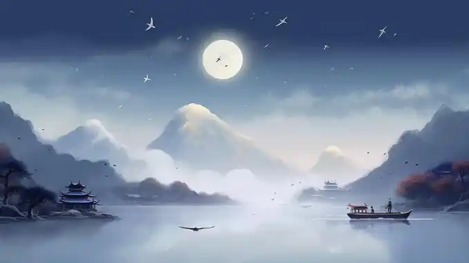 国风古风水墨山水治愈唯美中秋满月插画壁纸月亮唯美夜晚蓝色山水风景