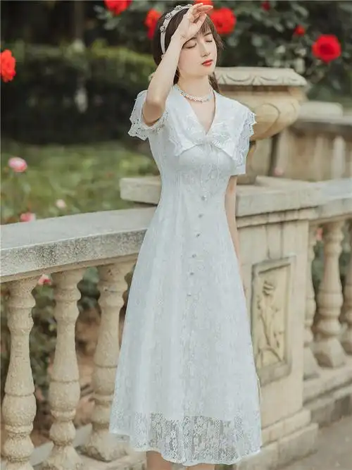 蝴蝶结蕾丝公主海军白色连衣裙设计小众夏季气质连衣裙