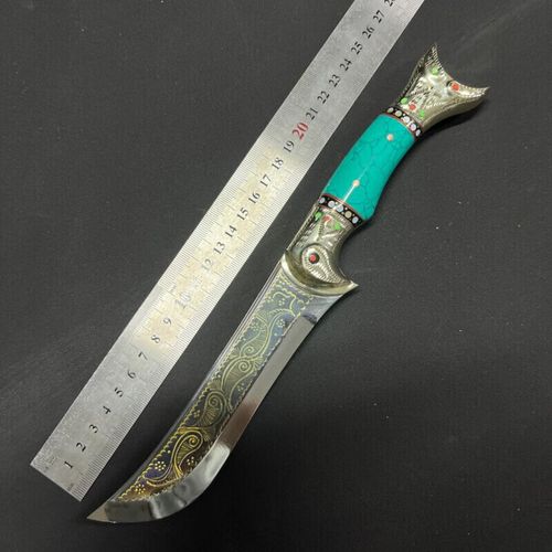 英吉沙手工小刀  轴承钢手工锻打刀身黄铜镶嵌孔雀石牛头造型刀柄