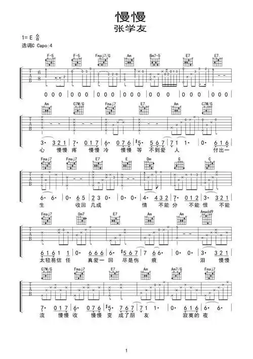 慢慢吉他谱_张学友_《慢慢》c调原版弹唱谱六线谱