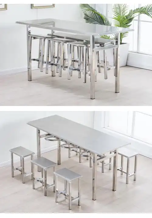 公司学校工厂员工食堂不锈钢连体分体餐桌椅组合不锈钢挂凳餐桌椅6人