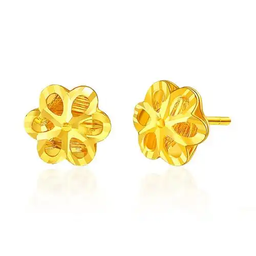 老庙足金黄金繁花耳针耳饰简约时尚黄金星星樱花耳钉女一对