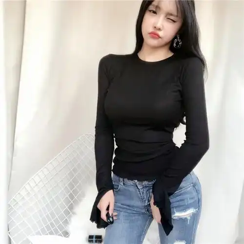 实拍连大正品 韩国东大门女装性感修身显胸开叉t恤春季轻薄打底衫