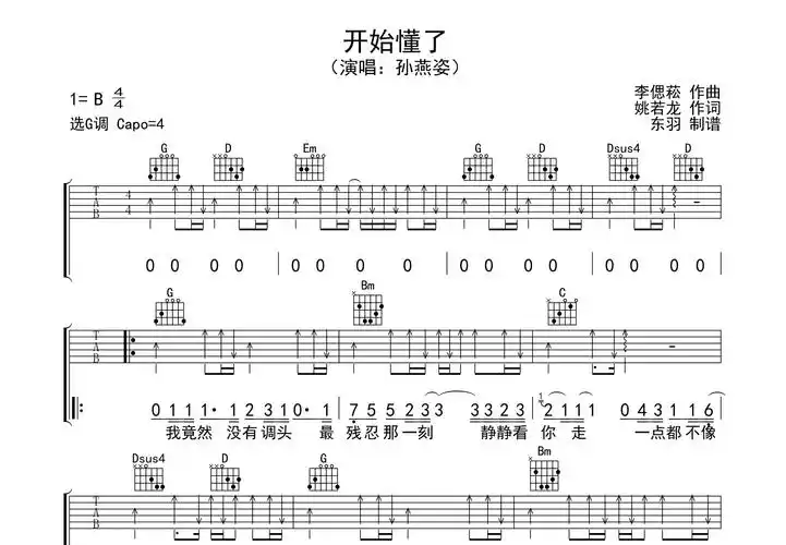 开始懂了吉他谱_孙燕姿_g调弹唱64%原版 - 吉他世界