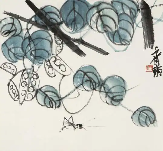 *0137 篱豆架下蟋蟀鸣 镜框 设色纸本