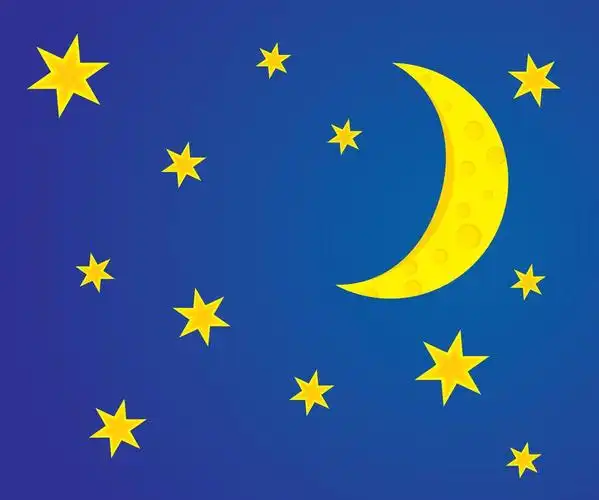 星星和月亮的夜空,矢量卡通插画与黄色的明亮的蓝色星星和月亮的夜空