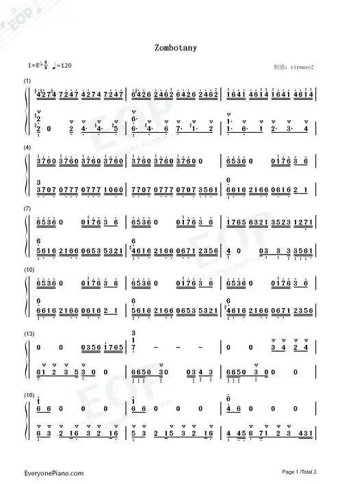 zombotany-植物大战僵尸双手简谱预览1-钢琴谱文件(五线谱,双手简谱