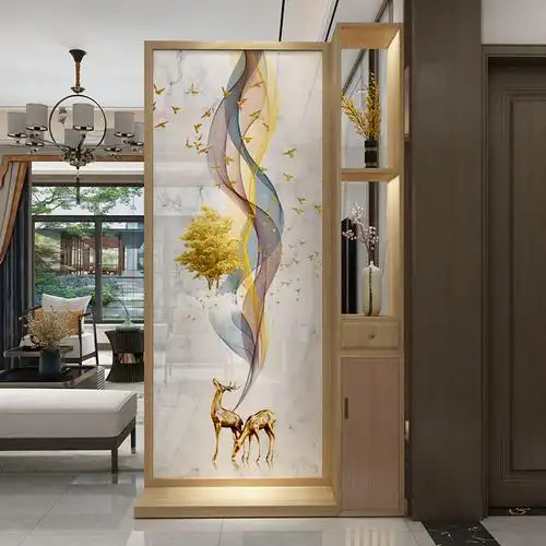 简约实木屏风隔断招财鹿新中式地中海入户玄关可定制带抽屉带柜门