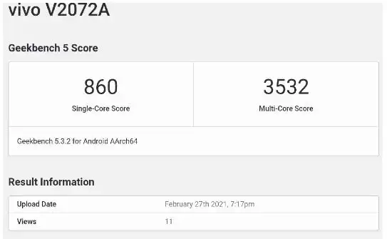 vivos9首发联发科天玑1100跑分出炉单核860多核3532