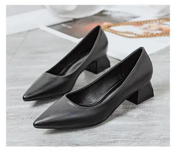 黑色高跟鞋女粗跟2021年新款皮鞋商务女高跟鞋软皮百搭不累脚工作鞋粗