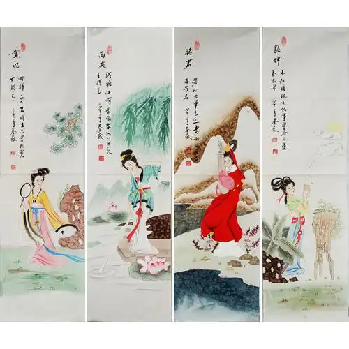 工笔仕女图四美人四大美女杨贵j妃貂蝉昭君西施人物条屏秦薇画11